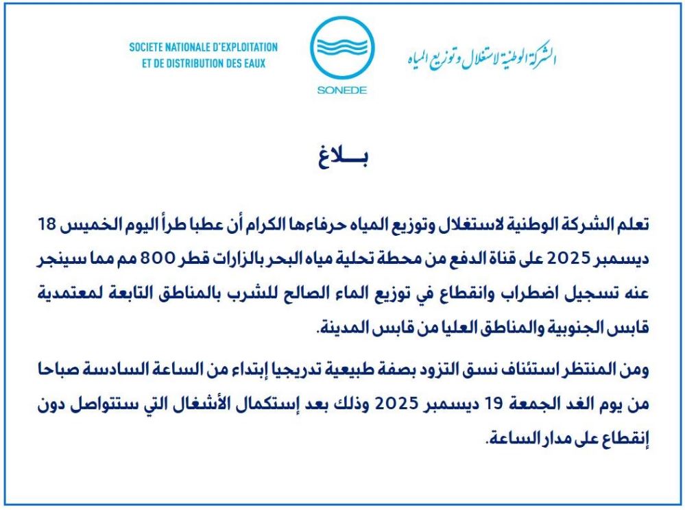 — عطب طارئ يتسبب في انقطاع المياه بمناطق من قابس