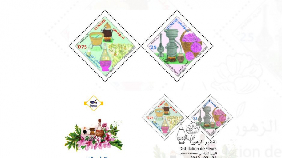 Emission de deux timbres-post sur ''la distillation de fleurs'' timbres